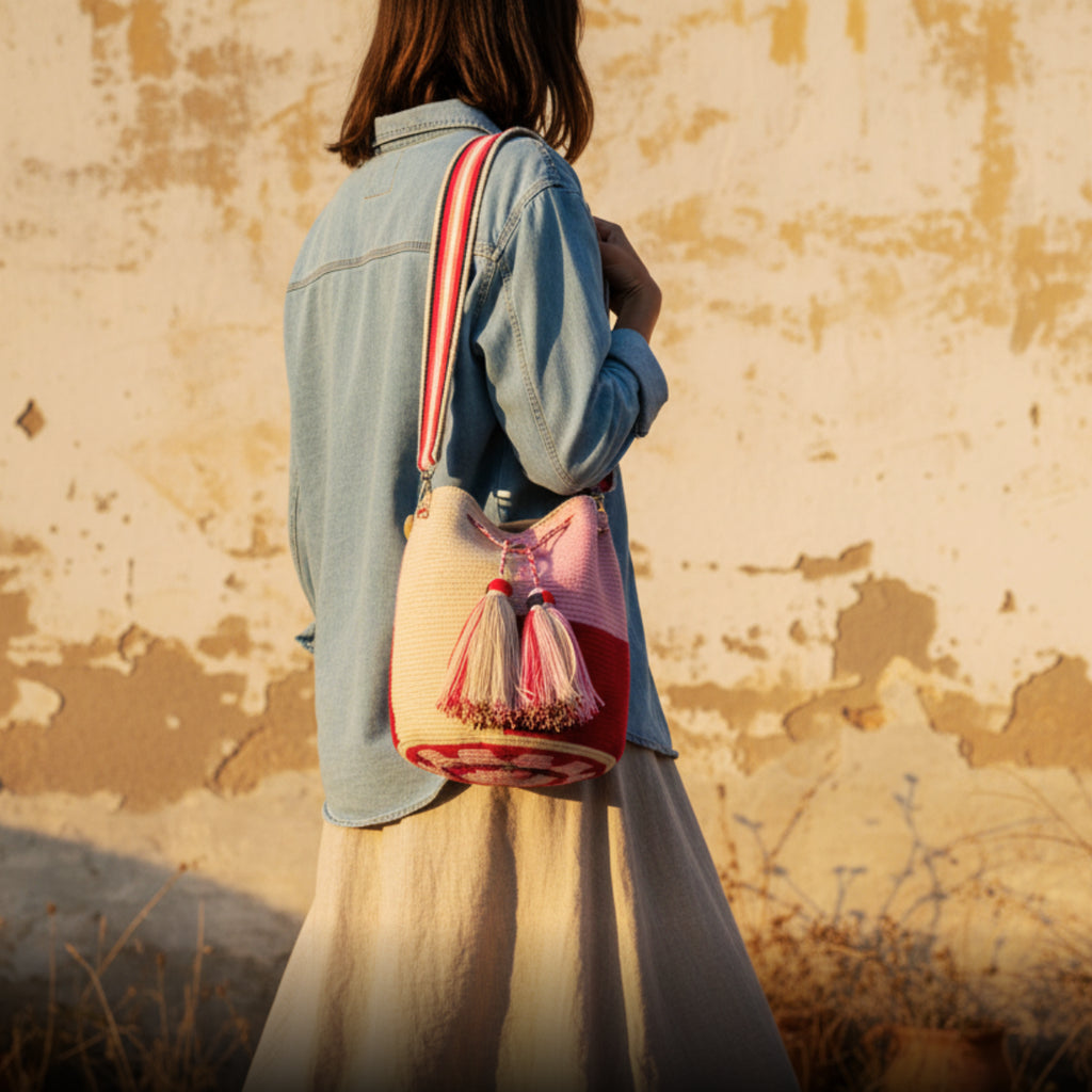 Wayuu crossbody bag (Pink and red block pattern)