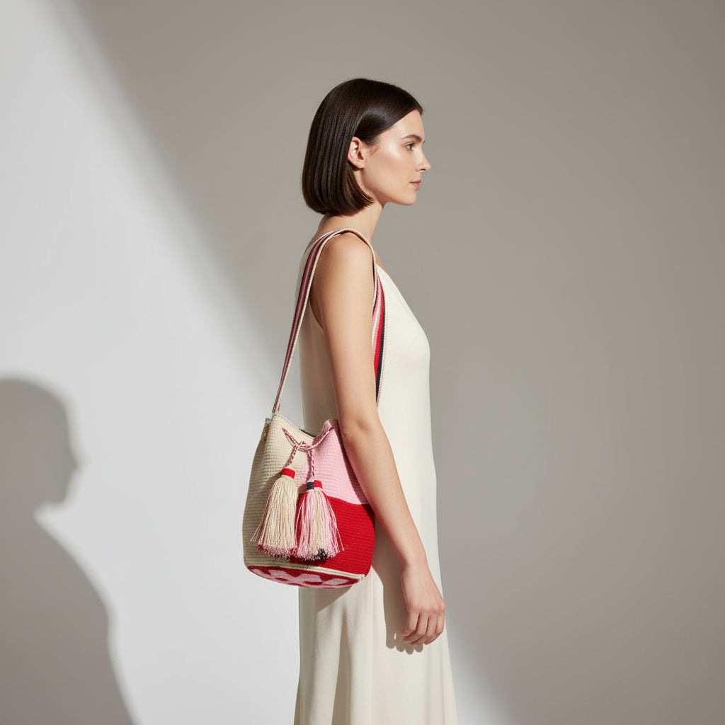 Wayuu crossbody bag (Pink and red block pattern)