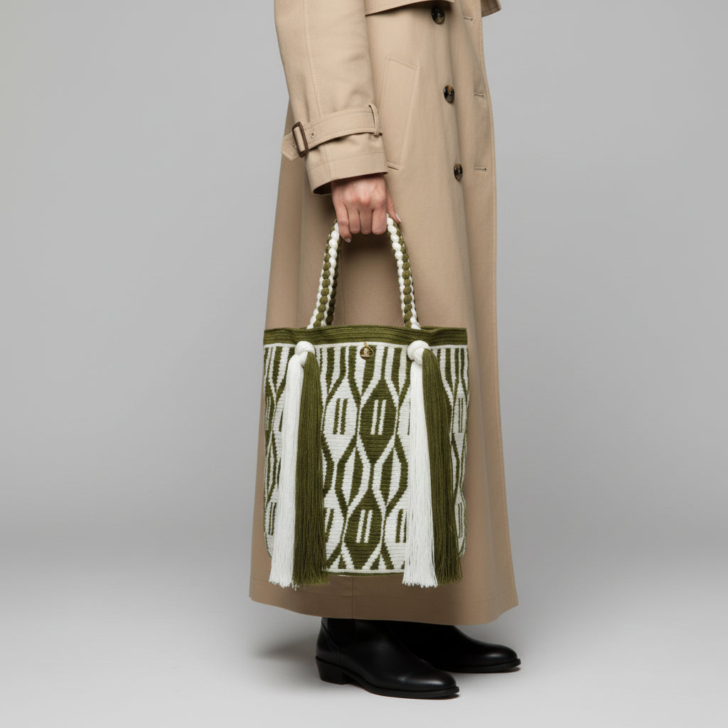 Wayuu Tote Bag (Green diamond pattern with tassels)