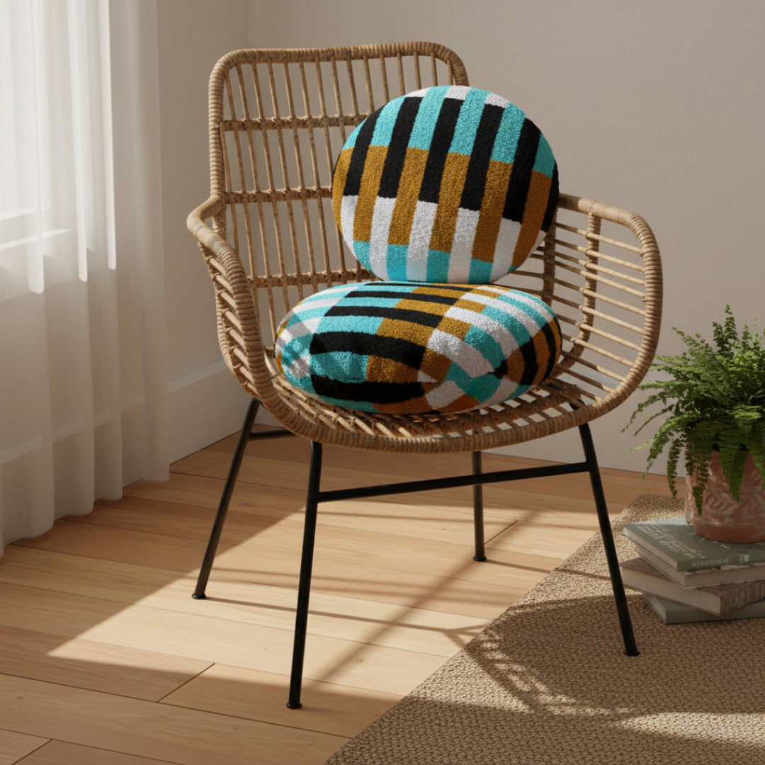 Wayuu Round Pillow (blue white black stripes)
