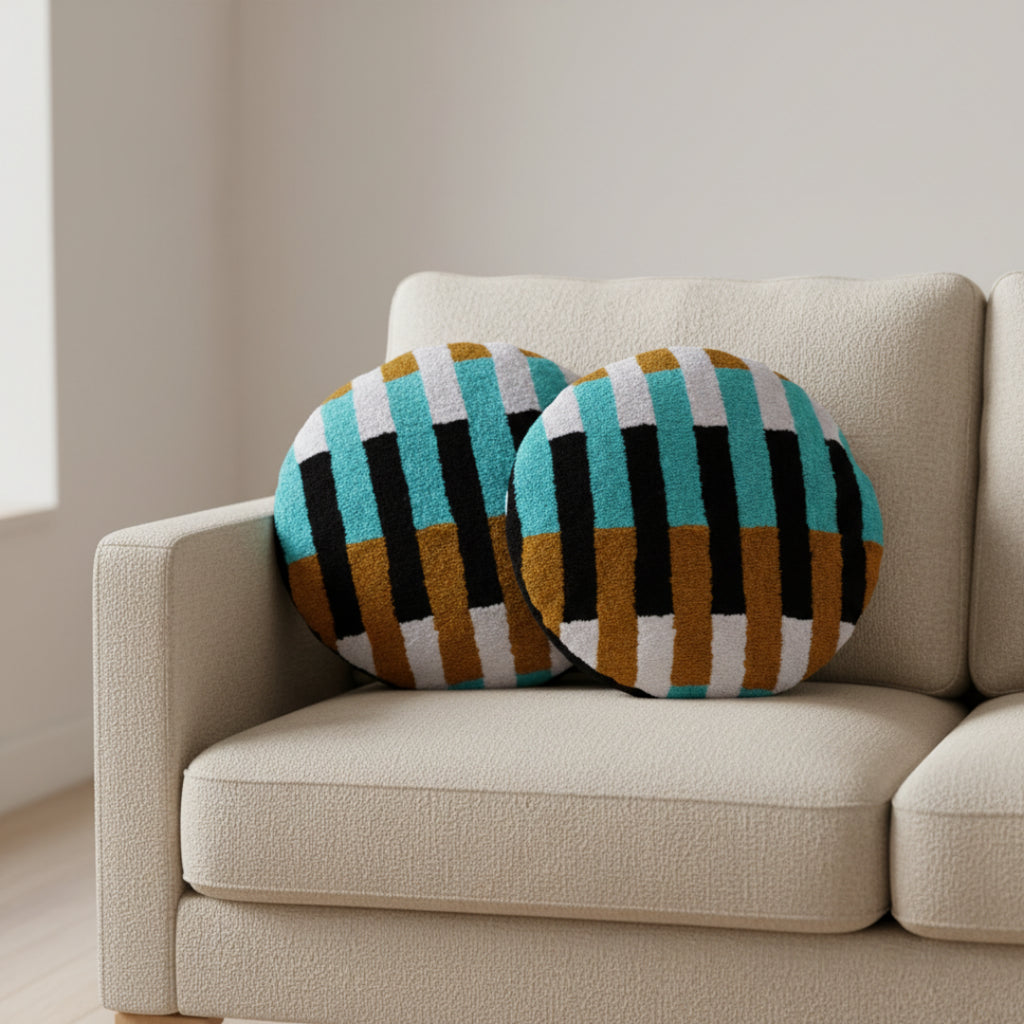 Wayuu Round Pillow (blue white black stripes)