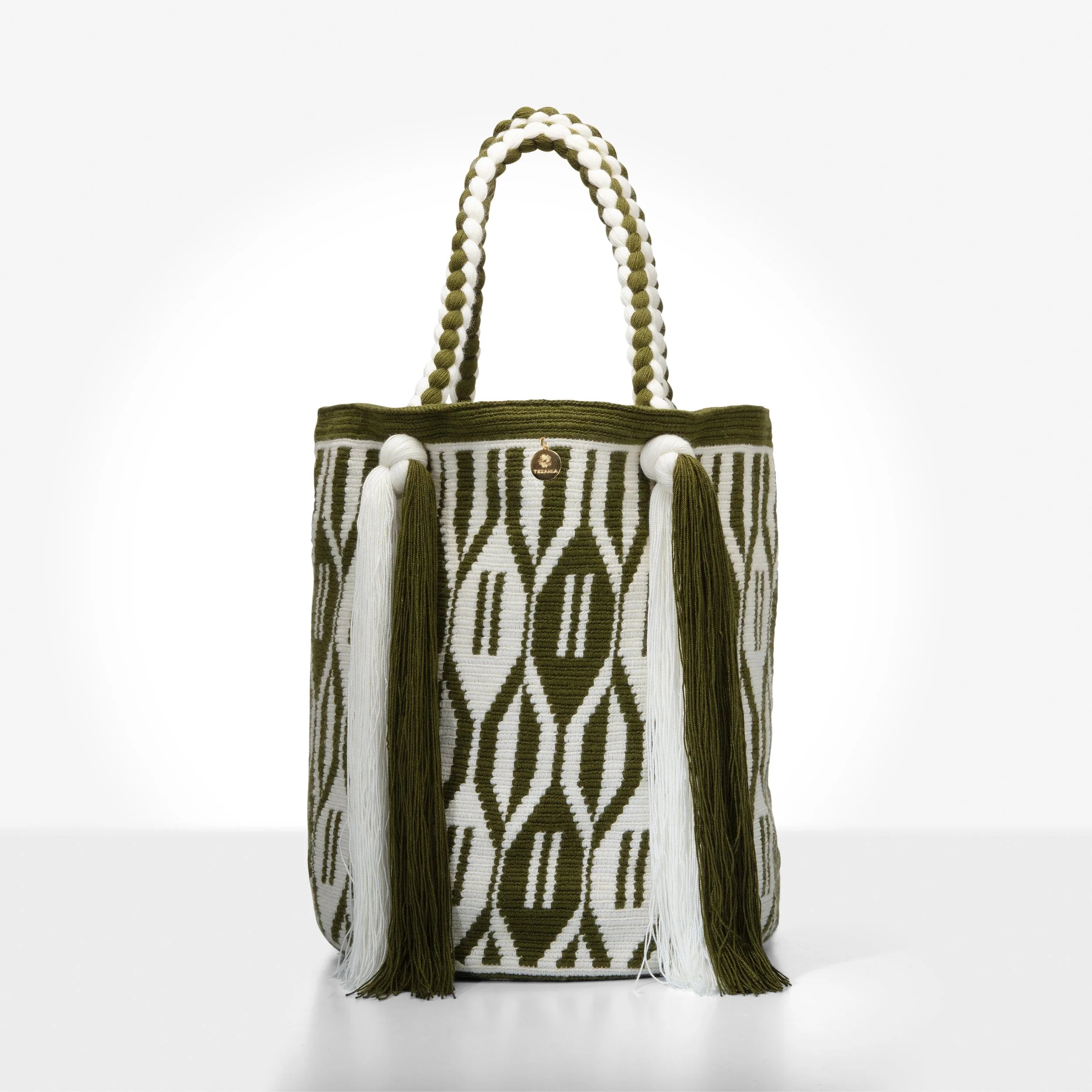 Wayuu Tote Bag (Green diamond pattern with tassels)