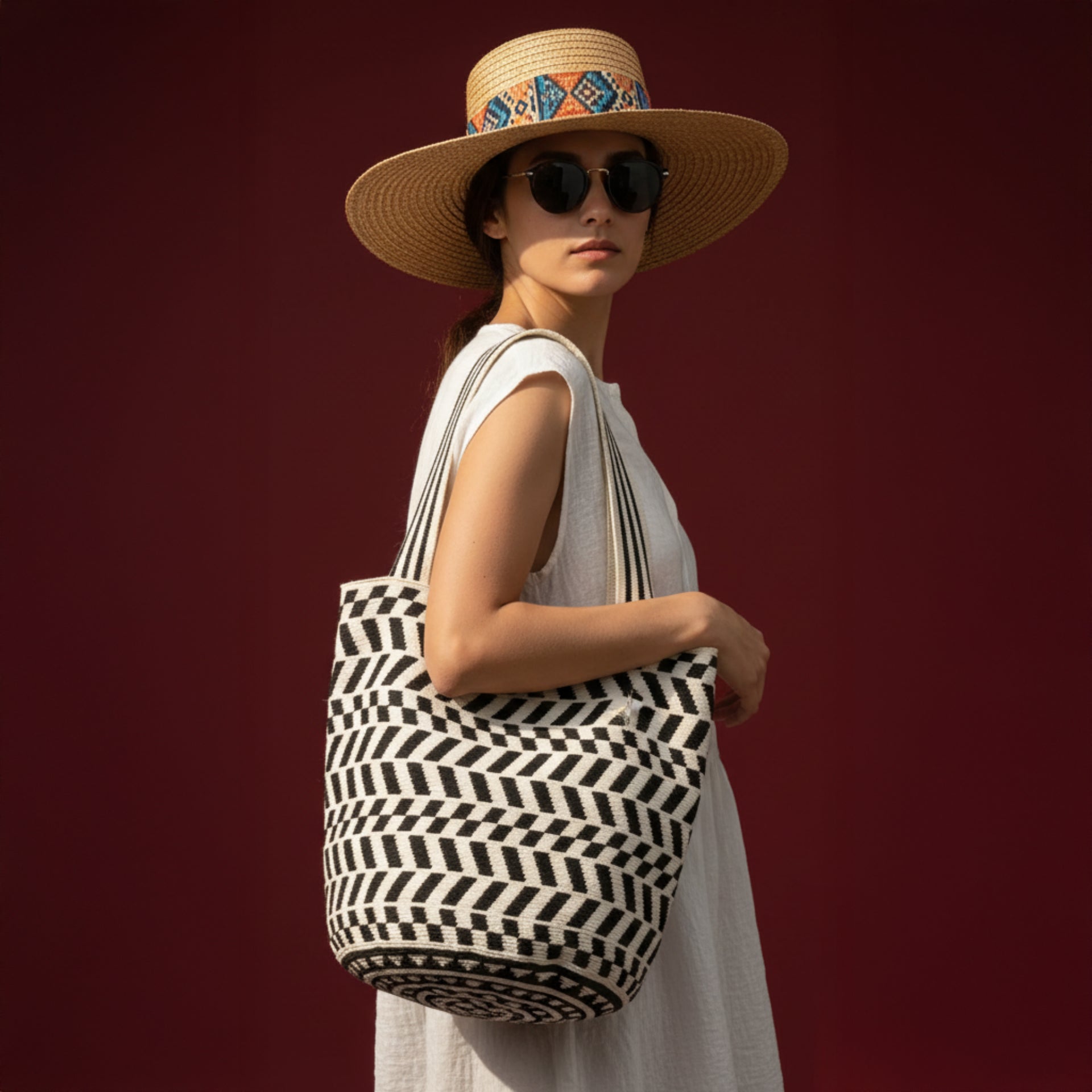 Wayuu Tote Bag - Black & white herringbone pattern